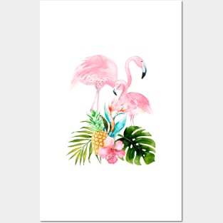 Pink Flamingo + Tropical Foliage + Pinapples Posters and Art